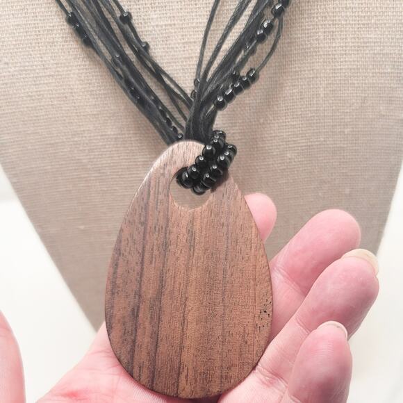 Boutique beaded multi-strand necklace with abalone & wood mosaic teardrop - Picture 4 of 8